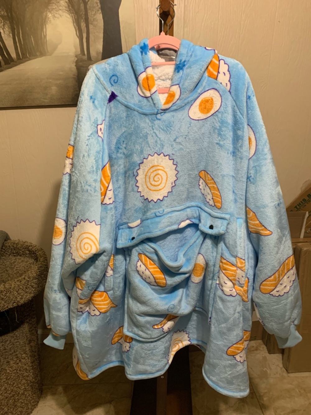 Blue Plush Hoodie Blanket hoodie with Pastry Print one size